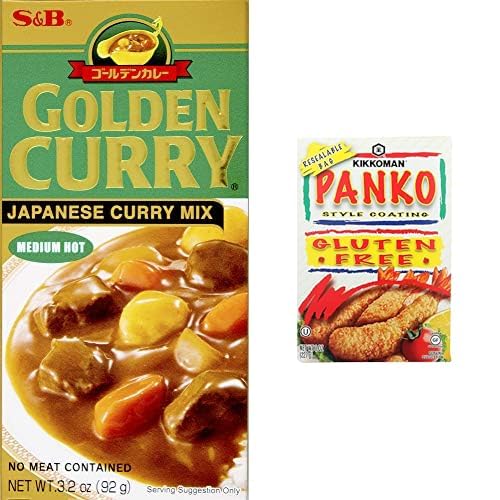 S&B Golden Curry Japanese Mix (Medium Hot, 3.2 oz) with Kikkoman Gluten-Free Panko Style Coating (8 oz) - Japanese Cooking Bundle