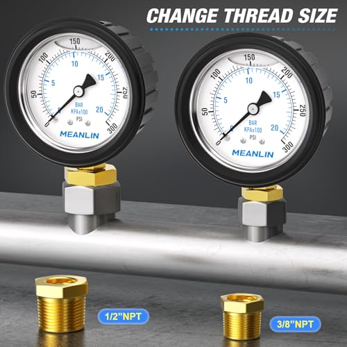 Image of MEANLIN MEASURE 0~300Psi Stainless Steel 1 /4 inch NPT 2.5 inch FACE DIAL Liquid Filled Pressure Gauge, Lower Mount (with Rubber Protective Sleeve), with 1 /2 inch NPT and 3 /8 inch NPT Hex Bushing
