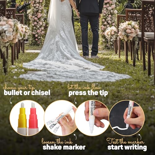 Image of Liquid Chalk Markers: Wedding Edition - Pack of 8 - Non-Toxic, Water-Based, Erasable, Dust Free Chalk Pens for Chalkboards, Blackboards, Windows and Glass - 6mm Reversible Bullet and Chisel Tip