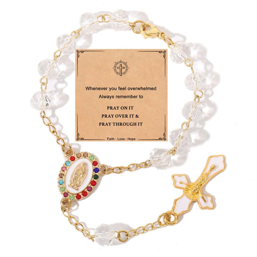 Image of Car Mirror Hanging Accessories,Cross Rosary for Car Mirror Hanging,Catholic Religious Gifts for Women Men,Wedding Favors Baptism Gifts for Guest (White)