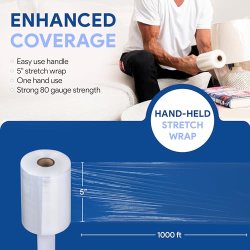 Image of International Plastics Co. 2 Pack of 5 inch Plastic Stretch Film Wrap with Handles 1000 feet Each 500% Stretch Ability