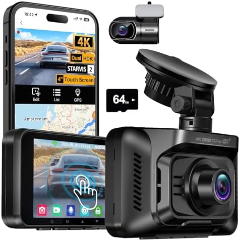 4K Dash Cam Front and Rear, Dual HDR Car Camera STARVIS 2 with 64GB Card, Dash Camera for Cars with 4