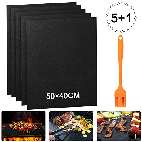 IZSUZEE Estera Barbacoa 5 Piezas, Esterillas para Barbacoa Reutilizable Teflón de Apto Weber Barbacoa Horno, Gas Carbón, Parrilla y Barbacoa, Antiadherente sin PFOA, Extra Grandes (40 x 50 cm)