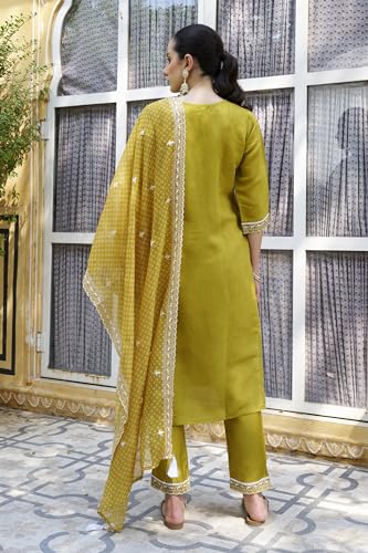 Image of VredeVogel Women's Silk Blend Embroidered Kurta with Pant & Organza Dupatta Set