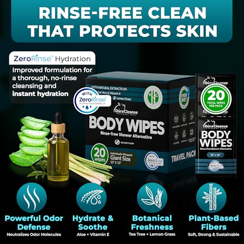 Image of Travel Body Wipes Individually Wrapped for Men - No Rinse Gym Wipes - 20 Ct