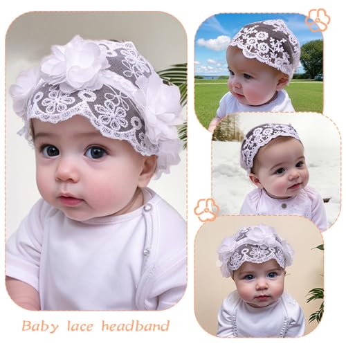 Delicate Lace Floral Baby Girl Headbands 2-3 pcs Newborn Infant Toddler Elastic Hair Band Set Baby Shower Birthday Christenings Gift Hair Accessories (White D, 2 pcs)2