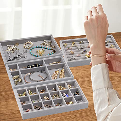 Image of Tasybox Velvet Jewelry Trays Organizer for Drawers, Small Stackable Jewelry Display Tray for Ring Earring Bangle Bracelet Necklace, Set of 4, Gray