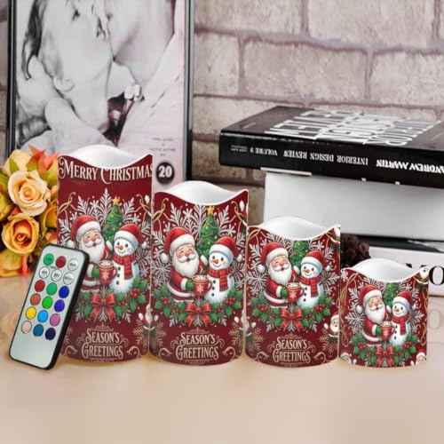 Image of Santa Christmas Color Changing Flameless LED Candles Set of 4 | Snowman Xmas Battery Operated Fake Candles, with Remote Control, Flickering Flame for Home Holiday Party Centerpiece Decor