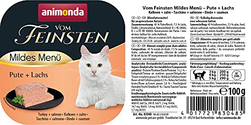 animonda vom Feinsten Mildes Menü Pute + Lachs (32 x 100g), getreidefreies Katzenfutter nass ohne Zucker, leicht verdauliches Katzenfutter mit Putenfleisch