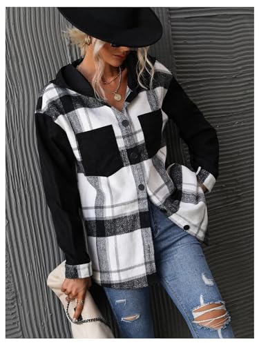 Verdusa Women's Plaid Jacket Color Block Checkered Hooded Long Sleeve Drop Shoulder Button Down Jacket Outwear3