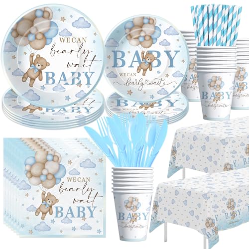 Image of Suhelkit Bear Baby Shower Decorations Tableware - We Can Bearly Wait Baby Shower Decorations Boy, Paper Plate, Napkin, Cup, Cutlery, Tablecloth, Blue Teddy Bear Baby Shower Party Supplies | 24 Guests