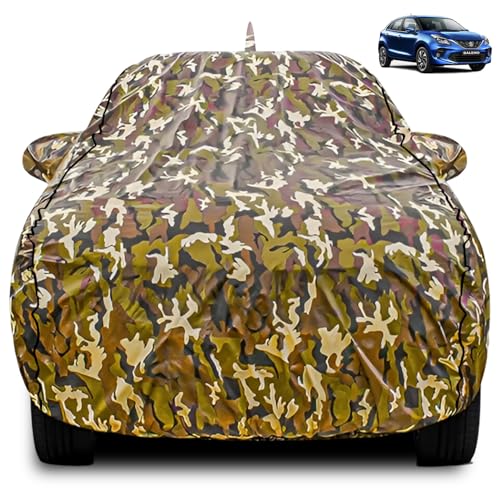 Image of FABTEC Car Body Cover for Maruti Baleno Jungle Print with Soft Cotton Lining Waterproof Car Cover UV & Rain Protection with Mirror and Antenna Pocket Bottom Elastic (Military /Camouflage Pattern)