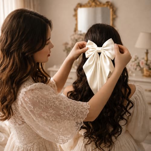 Image of 2 Pack Off White and Pink - Bows for Women, Clips for Womens - Hair Clips for Womens - Luxury Satin Hair Bow Clips for Women and Girls, Cute Hair Accessories for Girls
