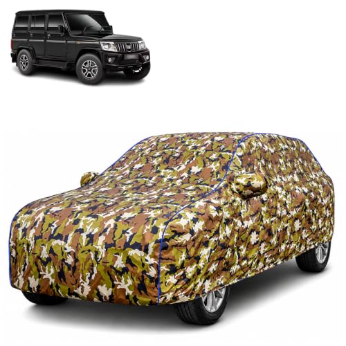 Image of Waterproof Car Body Cover for Mahindra Bolero with Mirror Pocket| Cotton Inner Lining | Triple Stitched | All Weather Protection | Dust, UV & Rain Proof (Camouflage with Blue Piping)