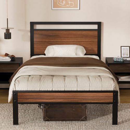Image of Z-hom Twin Metal Bed Frame with Wooden Headboard and Footboard, Heavy Duty Platform Frame with Mrtal Slats, No Box Spring Needed, Quiet and Non-Slip Design, Saving Space for Small Bedroom,Walnut