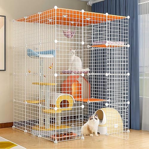 猫のケージ大きな猫ケージ屋内猫のエンクロージャー、猫ケンネルフェレットケージ分離可能な金属ペットドッグエクササイズフェンス、ハンモック、組み立てが簡単、黒/白、6サイズ FANDIAO