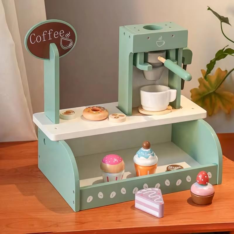 Image of Wooden Coffee Shop Toy Set for Kids, Pretend Play Coffee Machine with Coffee Cup, Cupcakes, Doughnut and Accessories, Role Play Kitchen Toy for Boys and Girls