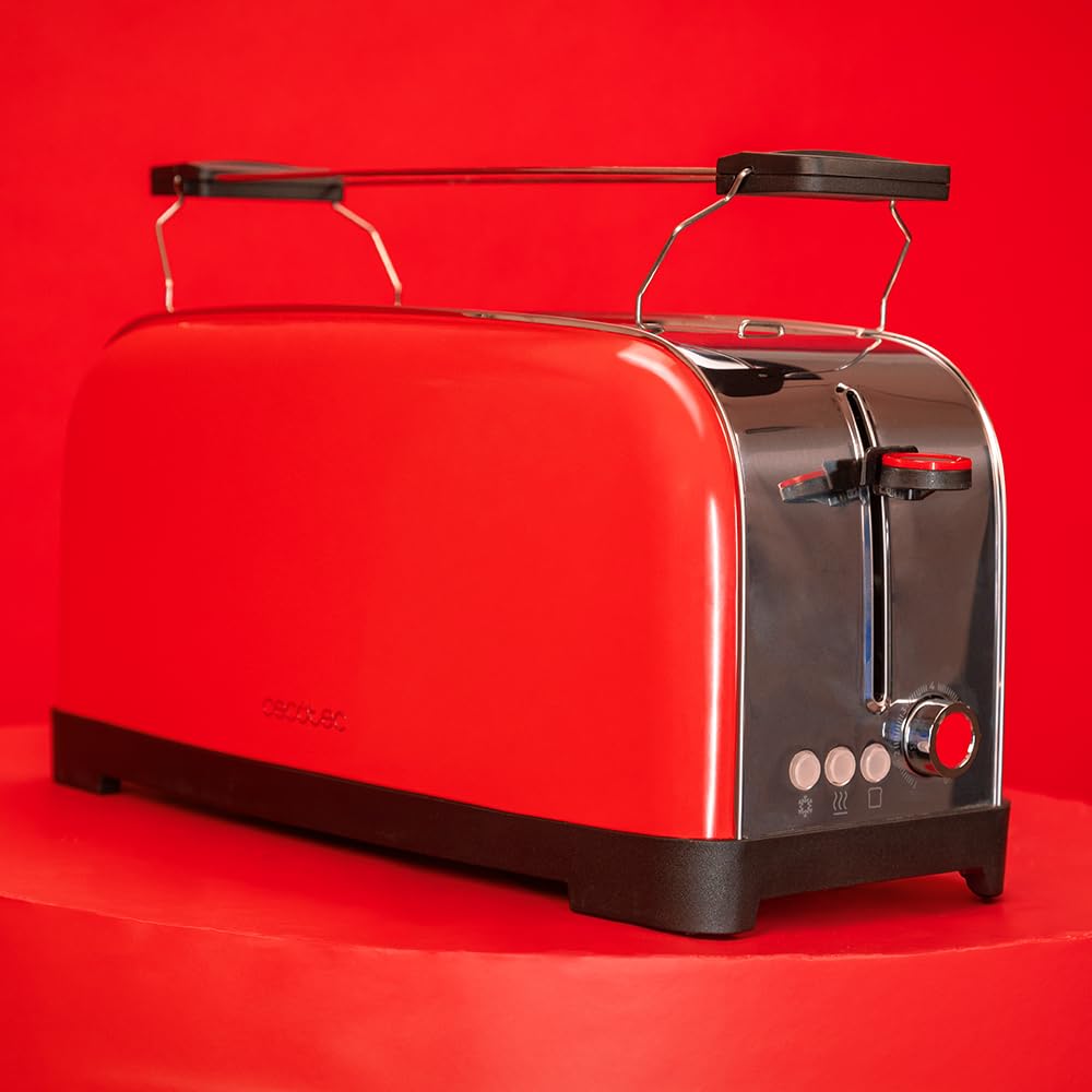 Cecotec Grille-pain Vertical 2 Fentes Longues Toastin' Time 1500 Rouge. 1500 W, 4 Tranches de Pain, Fente Large de 3,8 cm, Support pour Petits Pains et Bac à Miettes, Acier Inoxydable et Rouge