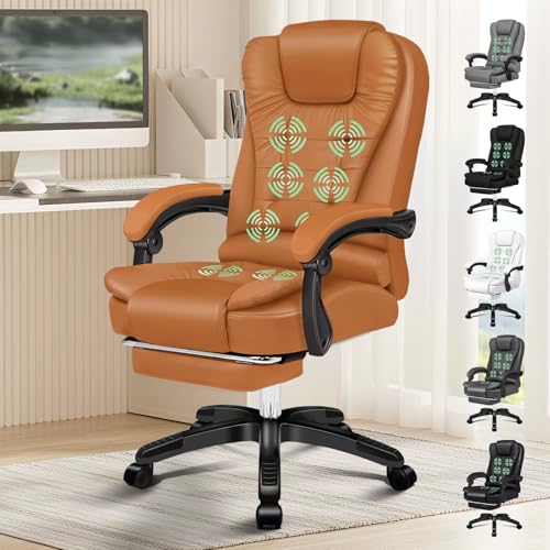 ELFORDSON Executive Office Chair with 8-Point Massage & Seat Heated Home PC Gaming Chairs with Footrest High Back 150 Reclining Executive Desk Chair with Padded Armrest PU Leather Brown