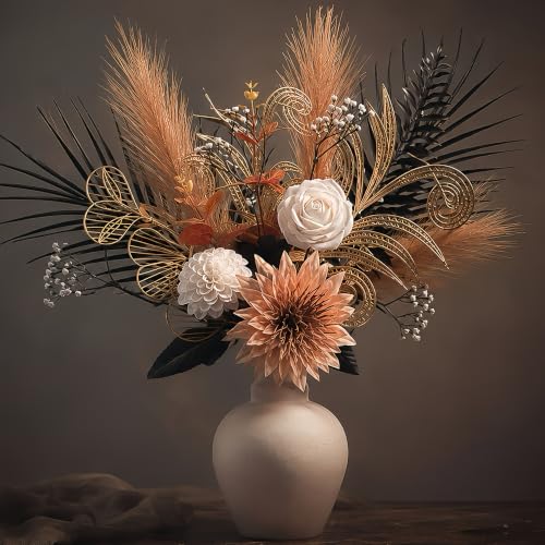 Image of Black Gold artificial flower bouquet,15pcs Fall Home Decor Floral Art | Silk Flowers, Include Palm Leaves,Pampas,Rose,for Living Room,Vase Center Filling,Office, Festival Decor (Vase Not Included)