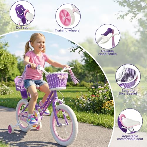 Image of XJD Girls Bike for Toddlers 3-9 Years Old Kids, 12 14 16 Inch Kids Bike with Training Wheels, Streamers, Basket and Doll Seat