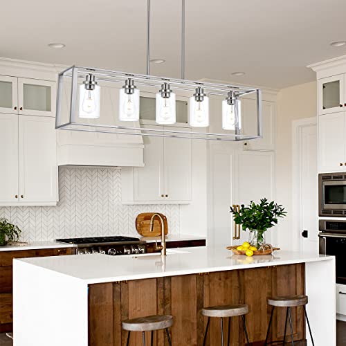 VINLUZ 5 Light Industrial Modern Dining Room Chandelier in Brushed Nickel Finish with Clear Glass Shade Classic Pendant Island Lighting Fixture for Living Room Bedroom - Image 6