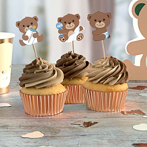 25Pcs Bear Cake Topper Baby Shower Double Sided Print With Bear Cupcake Toppers Brown For Bear Theme Gender Reveal Neutral Party Supplies #TOP1