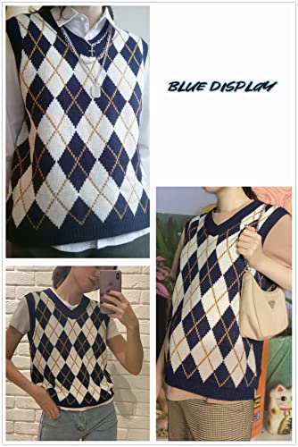 Lailezou Women'S V Neck Knit Sweater Vest Argyle Plaid Preppy Style Sleeveless Crop Knitwear Tank Blue thumb #1