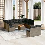 Salon de Jardin 12 Places Gris avec Coussins, Ensemble Canapé d'Extérieur Modulaire en Résine Tressée Résistante aux Intempéries pour Terrasse, Jardin et Patio, Table en Bois et Housses Lavables