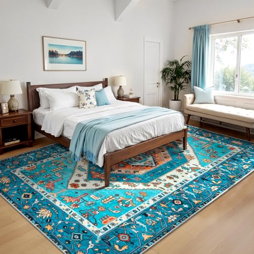 SERISSA 8x10 Area Rugs Blue, Washable Large Boho Rugs for Living Room, Ultra Soft Non-Slip Bedroom Rug Print Distressed Vintage Tribal Farmhouse Carpet Rug for Dining Room Dorm Office Home Decor