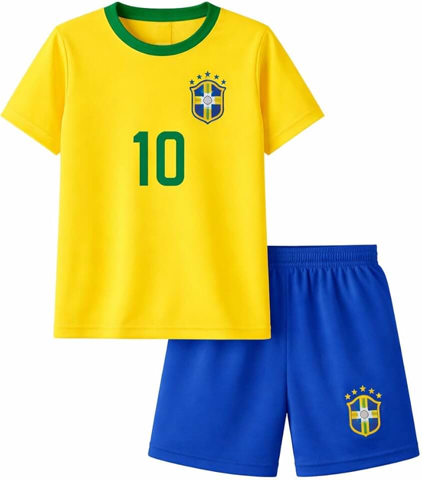 Conjunto Infantil de Futebol, Amarelo e Azul, Camiseta Número 10 com Shorts, Tema Copa do Mundo, para Crianças