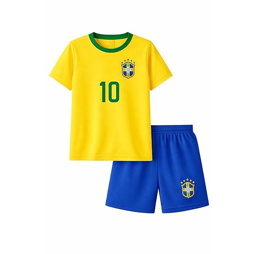 Conjunto Infantil de Futebol, Amarelo e Azul, Camiseta Número 10 com Shorts, Tema Copa do Mundo, para Crianças