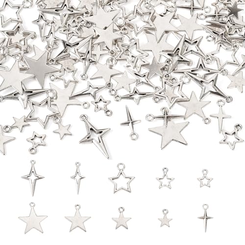 Boutigem 100Pcs Tibetan Star Charms Silver Hollow Pentagram Pendants Metal Four-pointed Star Charms Hollow Celestial Pendants for DIY Crafts Earring Necklace Bracelet Jewelry Making
