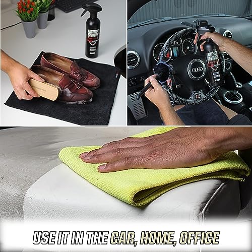 BassMotor KIT Nettoyant Cuir & Alcantara - Nettoie, dégraisse & nourrit sièges & tapisseries. Kit Leather Reviver 500ml + Leather Nutrient 100ml + Brosse Pro + 2 Chiffons 400GSM – Image 5