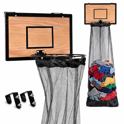 Image of Wooden Basketball Hamper - Hoop Laundry Basket Over the Door - Room Decor