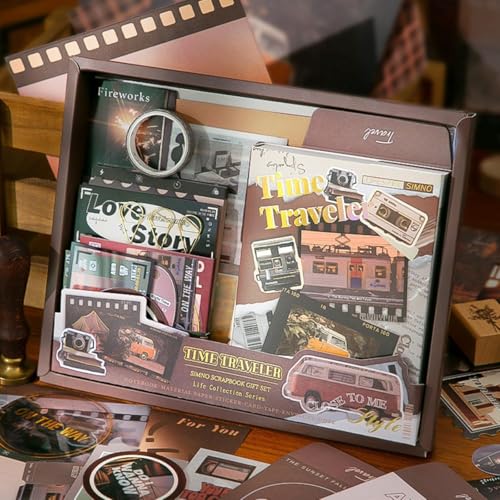 Image of VOTDOT Paper Junk Journal & Scrapbook Kit, Scrapbooking Supplies Kit with Creative Decor Journaling Supplies, Stationery, Stickers, A6 Grid Notebook with Graph Ruled Page Gift for Girl (Time Traveler)