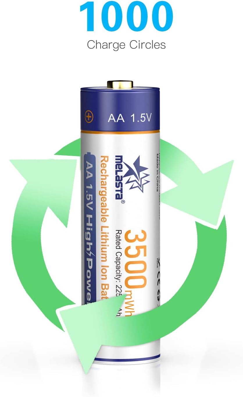 melasta 3500mWh Rechargeable AA Lithium Batteries with Charger, 1.5V Constant Voltage High Power Li-ion Battery