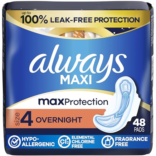Image of Always Maxi Overnight Feminine Pads with Wings for Women, Size 4, Overnight Absorbency, Unscented, Up to 100% Leak-Free Protection, 48 Count