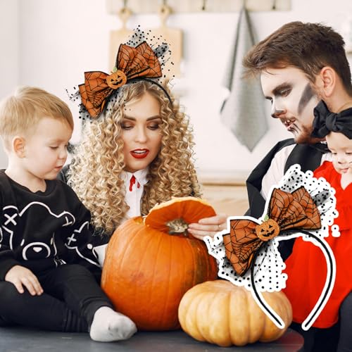 Halloween Haarreif Damen,Haarreif Halloween Haarschmuck Kopfschmuck Damen Schwarzes Spinnennetz Spitze Kürbis Haarreifen mit Schleife Haar Accessoire für Halloween Party Cosplay Kostüm Kopfbedeckung