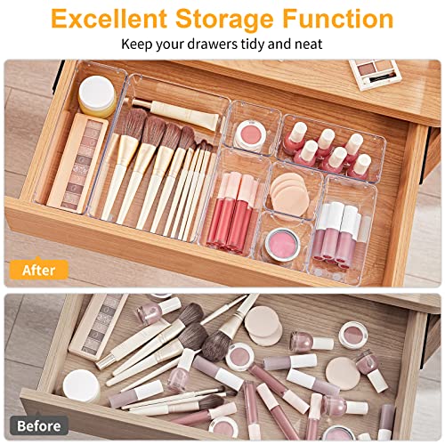 Image of SMARTAKE 28 Piece Drawer Organizers with Non-Slip Silicone Pads, 4-Size Desk Drawer Organizer Trays Storage Tray for Makeup, Jewelries, Utensils in Bedroom Dresser, Office and Kitchen, Clear