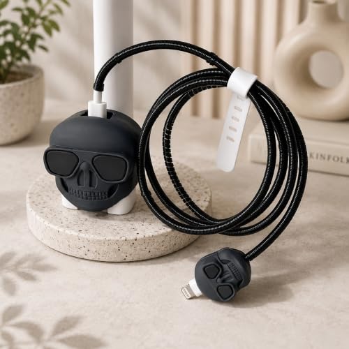 Image of Compatible for iPhone Charger Case Cover, Funny Cartoon Character, Silicone Charger Case Compatible for 18-20W 360 Degree Full Protection Cover (Black Skull Armor)