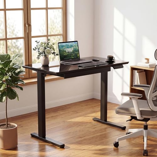 Image of YDN Glass Standing Desk with Drawer, 35 x 19 Inches Electric Adjustable Height Desk, Sit Stand Home Office Desk with Tempered Glass Top, 4 Memory Presets Ergonomic Computer Desk, Black
