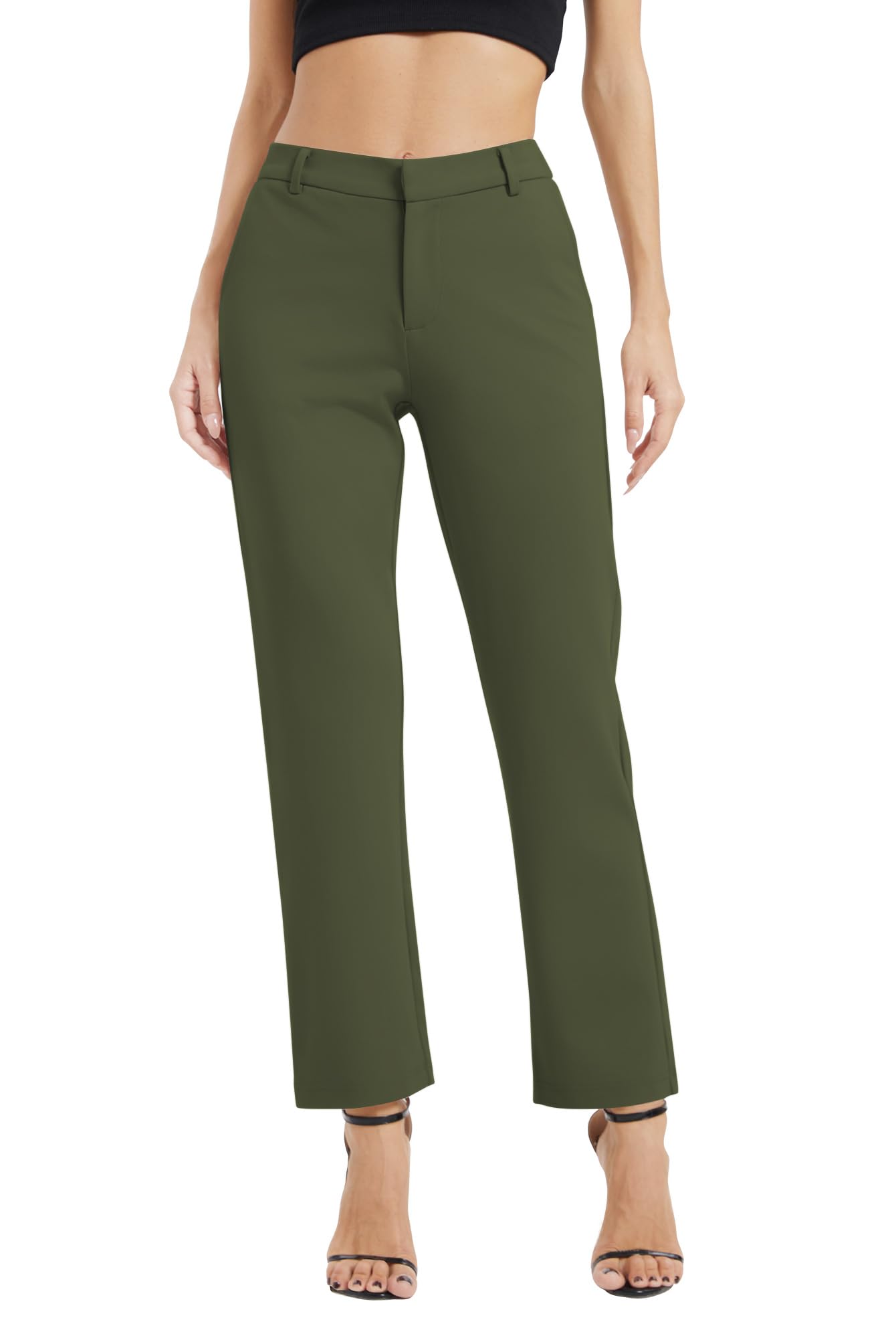 EXCHIC Damen Business Gerade Bein Elastischer Bund Anzug Hosen Casual Komfortabel Bootcut Freizeithose mit Taschen(S, Armeegrün)