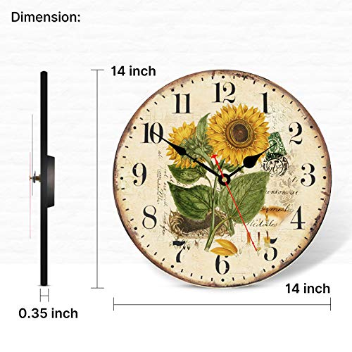 Taheat 14 Inch Beautiful Sunflower Wall Clock, Vintage Country Floral Silent Non Ticking Clocks, Wooden Round Easy To Read Wall Clock For Kitchen/ Living Room/ Bedroom/ Bathroom #TOP3