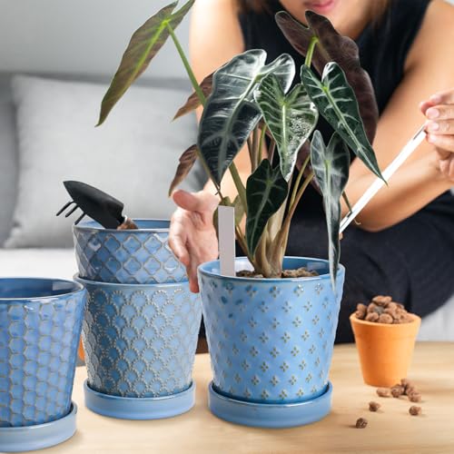 Image of EFISPSS Plant Pots,5 Inch Pots for Indoor Plants,Planters with Drainage Hole and Saucer, Ceramic Flower Pots Desktop Office Windowsill Decoration Gift Set of 4 - Sky Blue