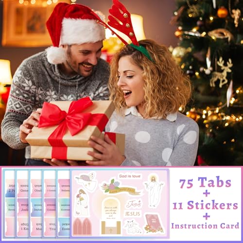 Image of Bible Tabs with Unique Stickers, Bible Tabs for Women, Laminated Bible Tabs, Christian Gifts, Large Print Bible Tabs for Easy Navigation, Bible Book Index Tabs Labels, Bible Study Supplies (Rainbow)