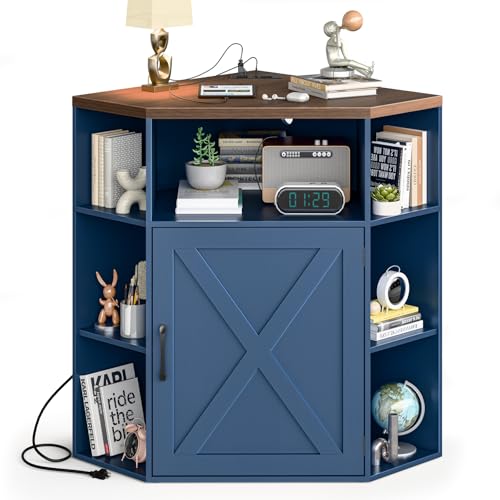 Image of Halitaa Corner Storage Cabinet, Farmhouse Corner Bookshelf with Storage 6-Cubby Wooden Cabinet with USB Ports and Outlets Industrial Organizer for Small Space, Study, Playroom, Blue and Brown