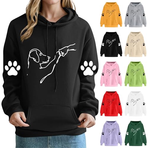 KOG Hoodie für Damen Baumwolle Sweatshirt mit Kapuze Hunde-Drucken Hoodies 2025 Hooded Sweatshirt Frau Oberteile Casual Pullover Mode Frauen Elegante Locker Oberteil Bekleidung Schwarz L