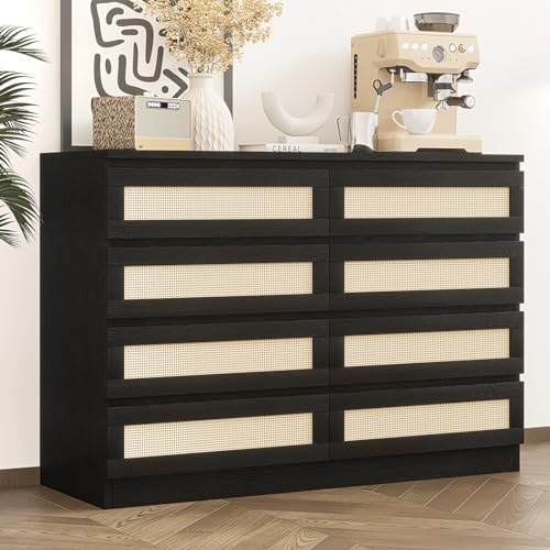 GarveeHome Rattan Dresser for Bedroom, Modern 8 Drawer Wooden Dresser Chest, Wide Wood Beside Table for Closet, Nursery, Living Room and Entryway, Black