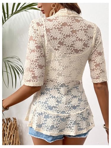 GORGLITTER Women's Floral Lace 3/4 Sleeve Bolero Shrugs Sheer Open Front Cardigan Blazer2